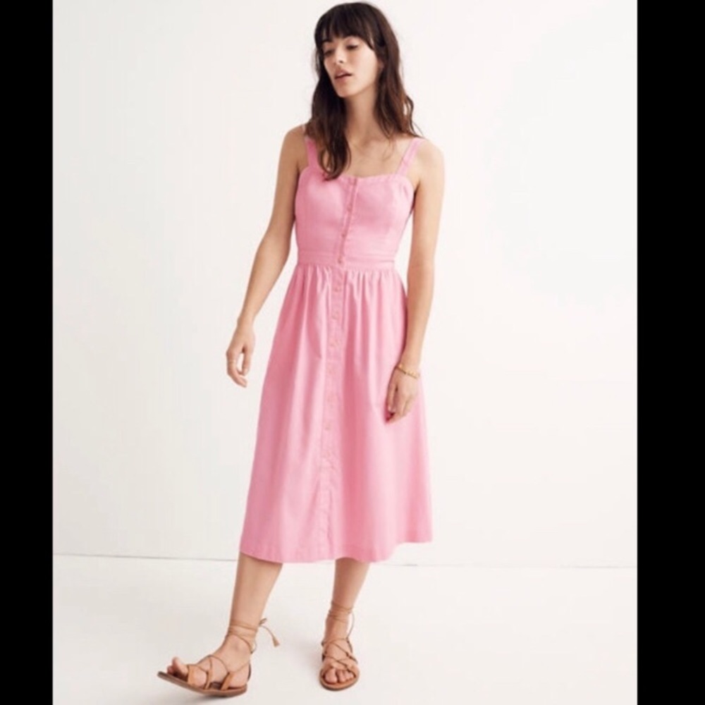 Madewell Pink Fleur Bow-Back Midi Button Dress